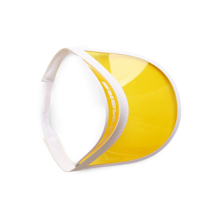 A yellow PVC sunscreen hat with a white band and a transparent visor, featuring a logo on the side.