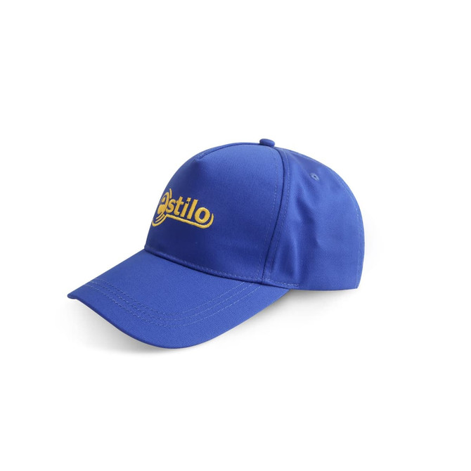 A blue cap with a curved peak and a logo on the front. It features a structured design for a comfortable fit.