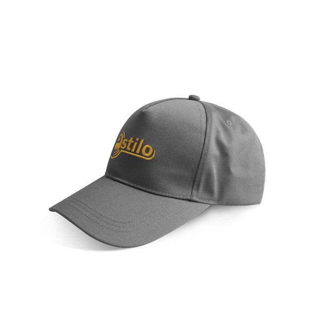 A grey cap with a curved brim and a logo on the front. Suitable for headwear promotion.