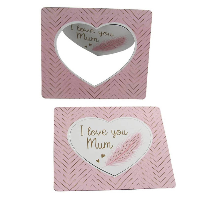 A heart-shaped mirror with a pink chevron pattern, featuring the words "I love you Mum" inside.