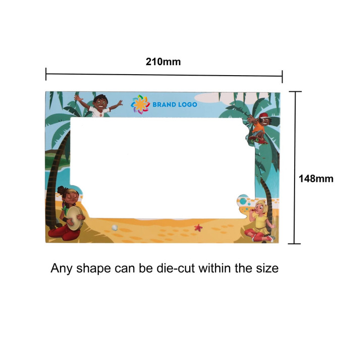 A custom-shaped fridge magnet featuring a beach scene with children playing, primarily in vibrant colours.