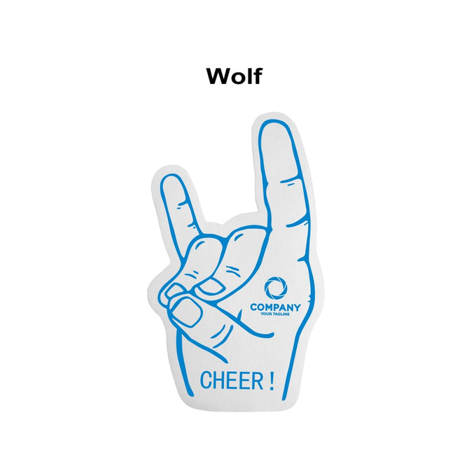 A foam mitt in blue displaying a hand gesture with fingers raised, featuring a logo.