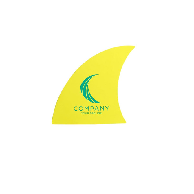 A bright yellow foam mitt with a logo, shaped like a shark fin.
