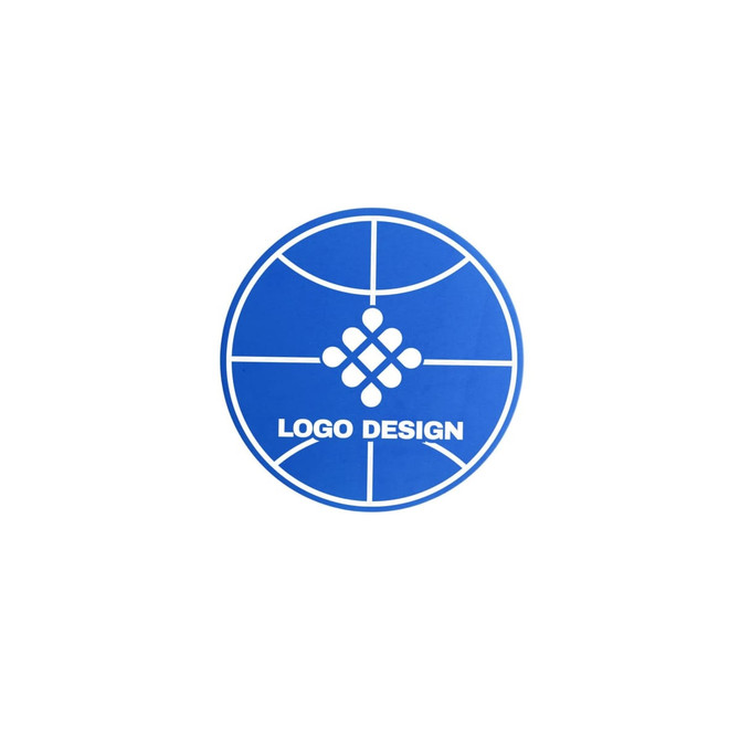 A blue circular promotional product with a logo design resembling a basketball court layout.