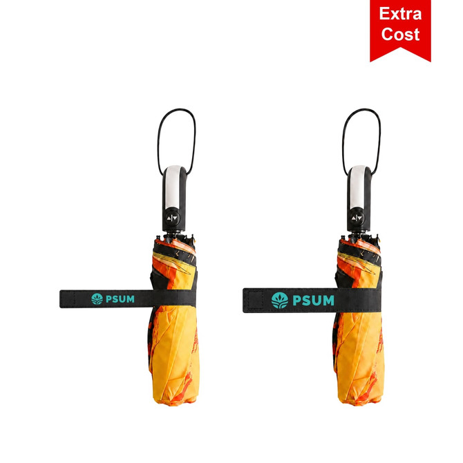 A folding ten-panel umbrella in vibrant orange, secured with a black strap, featuring a logo.