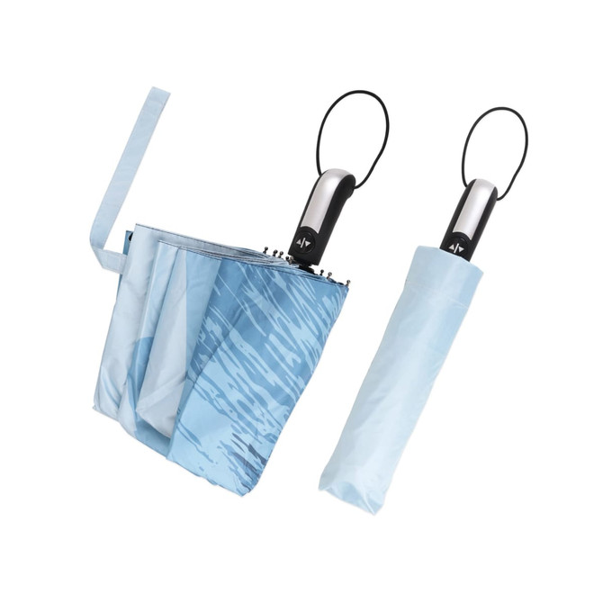 A folding ten-panel umbrella in shades of blue, featuring a sleek handle and a protective sleeve.