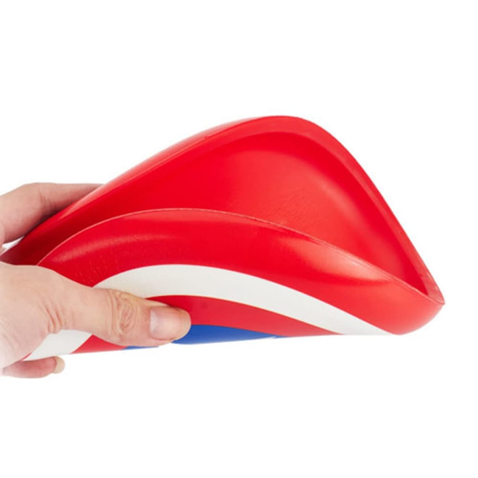 A red and white PU soft frisbee held in a hand, featuring a smooth, curved design.