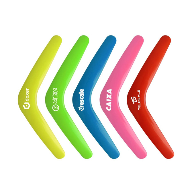 Five V-shaped boomerang toys in bright colours: yellow, green, pink, red, and orange, featuring various logos.