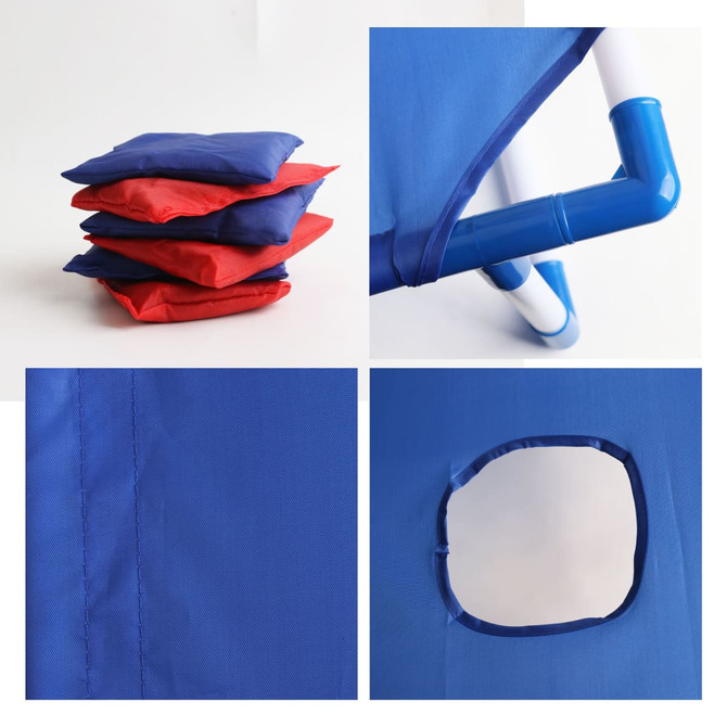 A blue portable cornhole game board with red and blue bean bags stacked beside it. It has a circular hole and piping details.