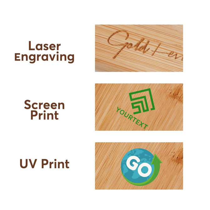 Three sections of a bamboo surface showcasing different printing techniques: laser engraving, screen print, and UV print.