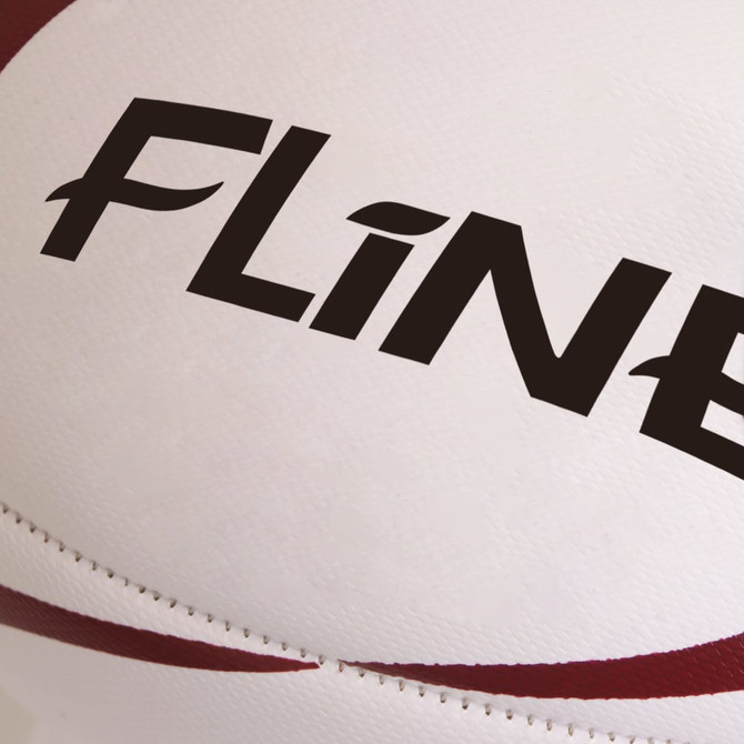 A rugby ball with a white surface and red accents, featuring a branding logo.