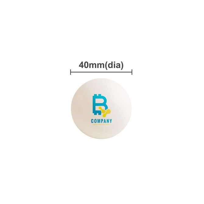 A white table tennis ball featuring a logo, with a diameter of 40mm.