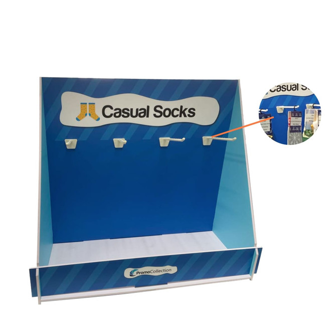 A display stand featuring a blue background with hooks for showcasing custom socks, includes a branded logo.
