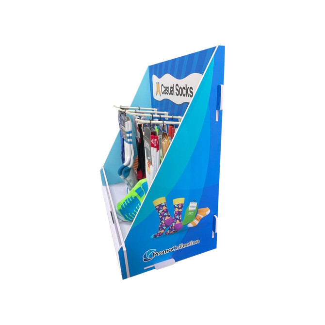 A counter display featuring a variety of multicoloured custom socks, with a branded logo and a blue background.