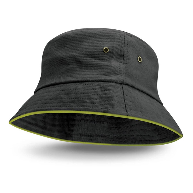 A black bucket hat with a coloured lime green trim and eyelets for ventilation. It features a circular design.