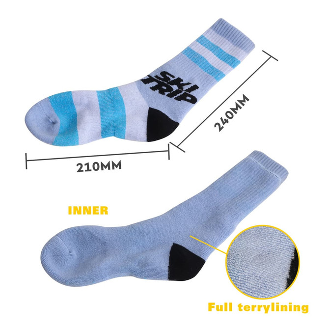 A pair of blue and light blue patterned merino wool socks with a black area at the toe and branding.