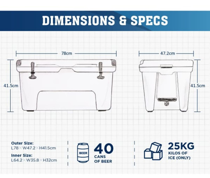 A white 65L cooler box with dimensions and specifications outlined, featuring branding and illustrations for usability.