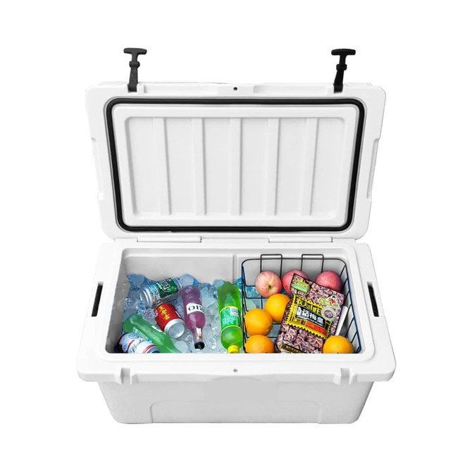 A 65L white cooler box filled with ice, drinks, fruits, and snacks, featuring a wire basket.