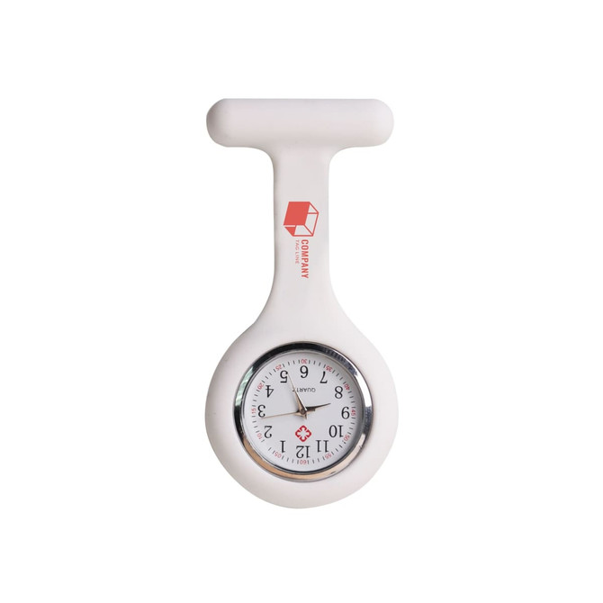 A white silicone nurse watch with a circular face and a logo on the side.