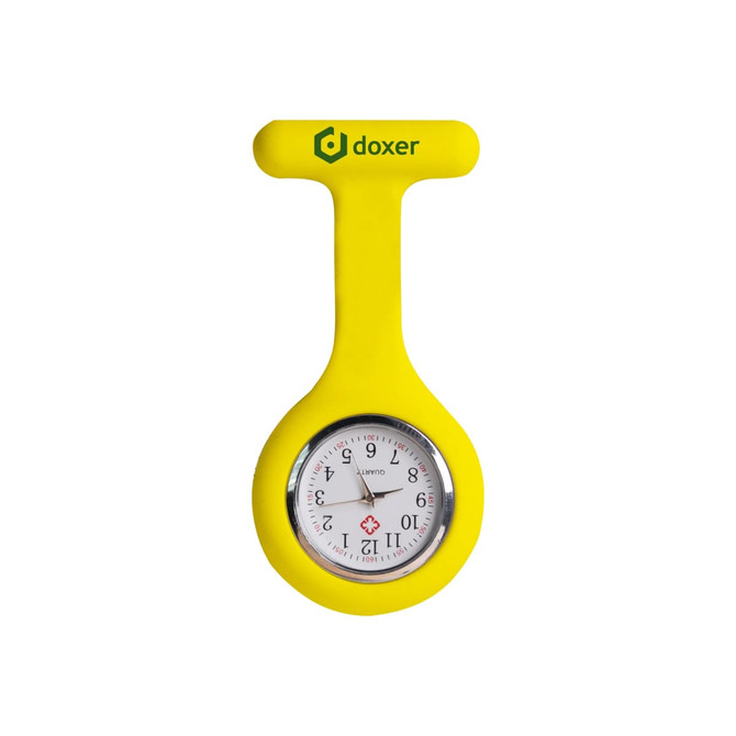 A yellow silicone nurse watch with a round dial and a logo at the top.