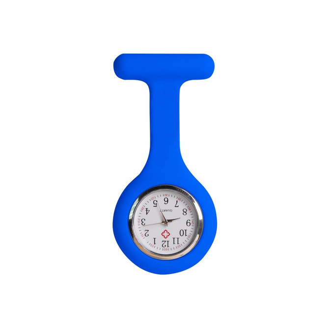 A blue silicone nurse watch with a round face featuring numbers and a logo.