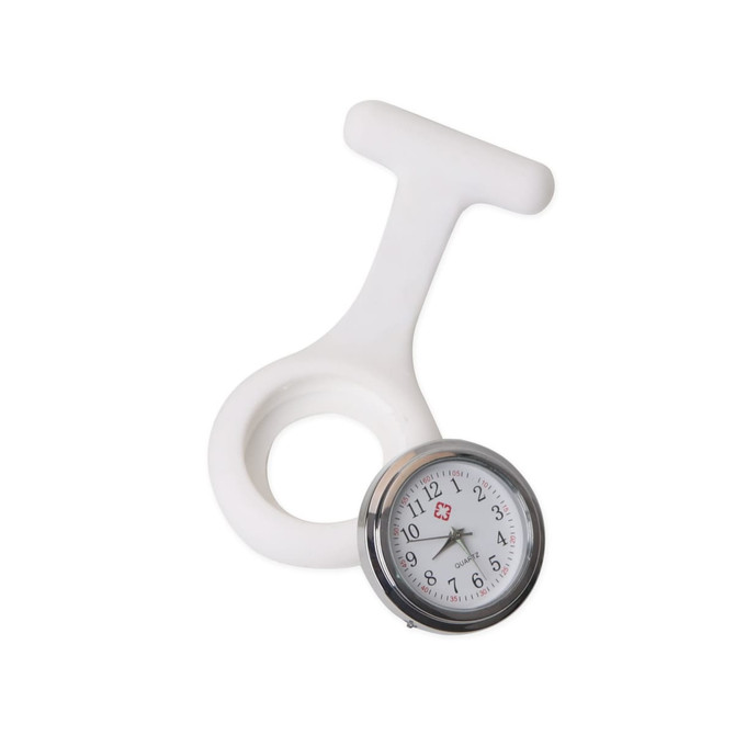 A white silicone nurse watch with a circular face displaying nurse symbols and numbers.