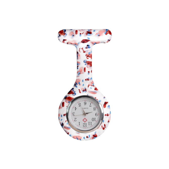 A silicone nurse watch in a colourful speckled pattern featuring a white base with red and blue accents.