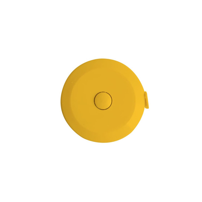 A yellow round tape measure with a button for retracting, featuring a simple design and a branding logo.