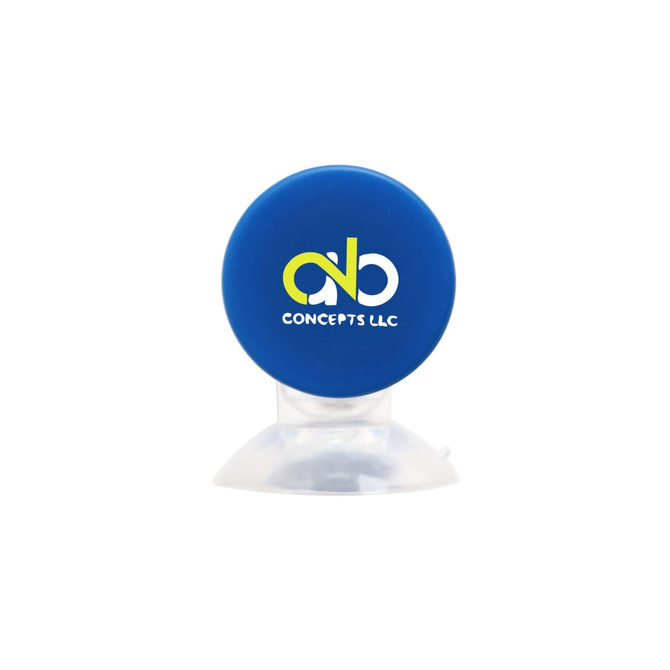 A blue sand timer with a clear base, featuring a logo on the front.