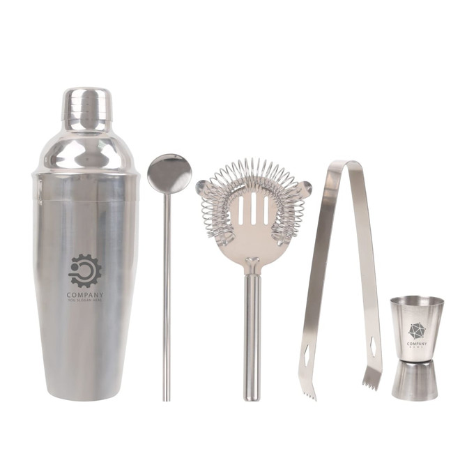 A drink bottle and four stainless steel cocktail tools including a strainer, jigger, stirring spoon, and tongs.