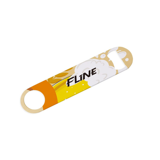 A drink bottle opener featuring a vibrant yellow and orange design with a logo. It has a sleek, flat shape.