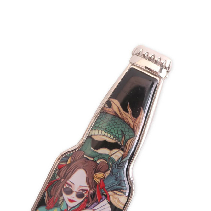 A drink bottle-shaped fridge magnet with detailed artwork, featuring vibrant colours and a metallic finish.