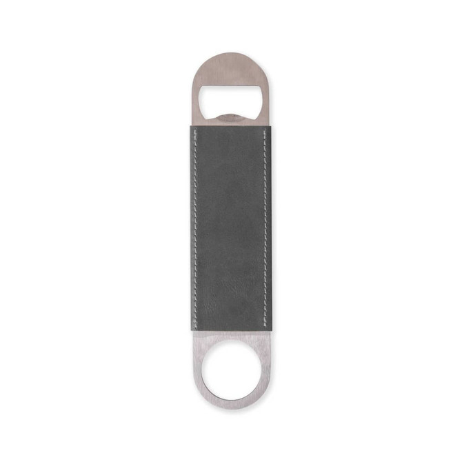 A drink bottle opener with a stainless steel end and a grey PU leather handle, featuring branding.