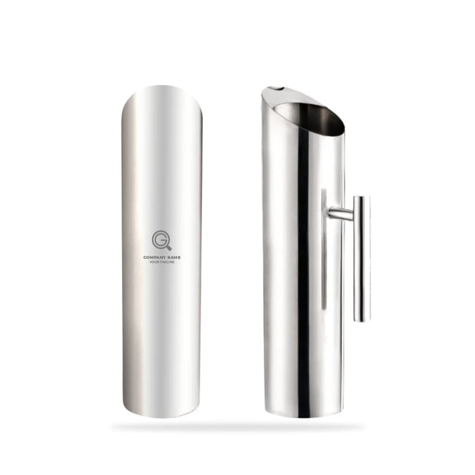 A stainless steel pitcher with a sleek design and a logo on the side. Suitable for serving beverages.