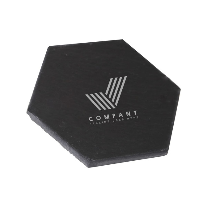 A hexagonal slate coaster in charcoal black with a logo printed on the surface.