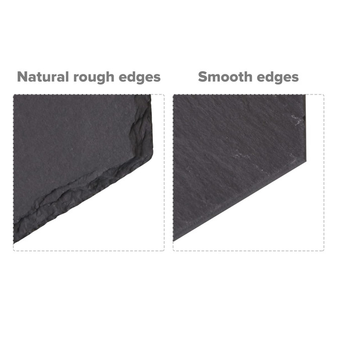 A pair of slate coasters featuring one with natural rough edges and the other with smooth edges. Both are dark grey.