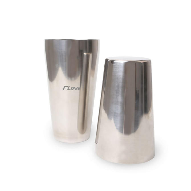A stainless steel Boston cocktail shaker set in silver, comprising a 550ml and a 750ml shaker, featuring a logo.