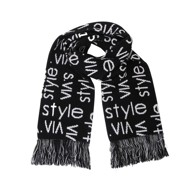 Acrylic fibres scarf in black and white featuring a repeated text pattern with fringe edges. Includes a logo.