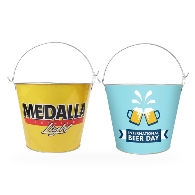 A yellow ice bucket with branding and a blue ice bucket featuring a beer day design, both with metal handles.