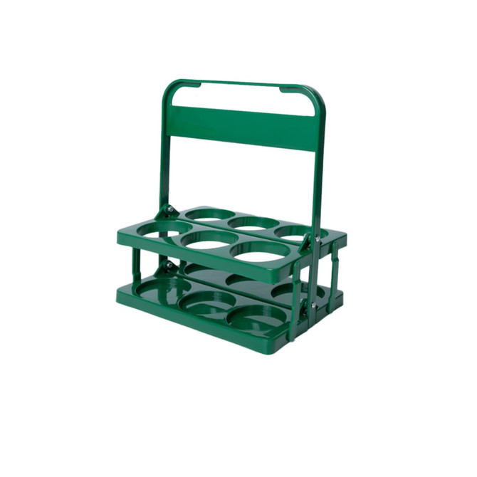 A green foldable beer basket with compartments for holding drink bottles and a handle for carrying.