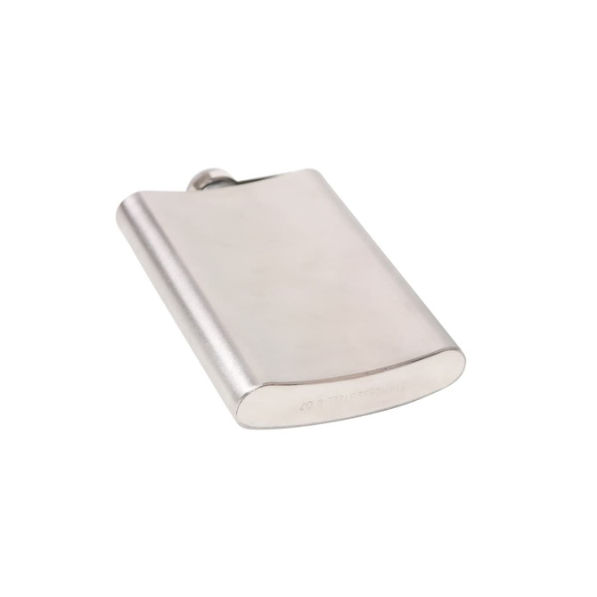 A stainless steel hip flask with a sleek, polished finish and a rounded edge, featuring a logo.