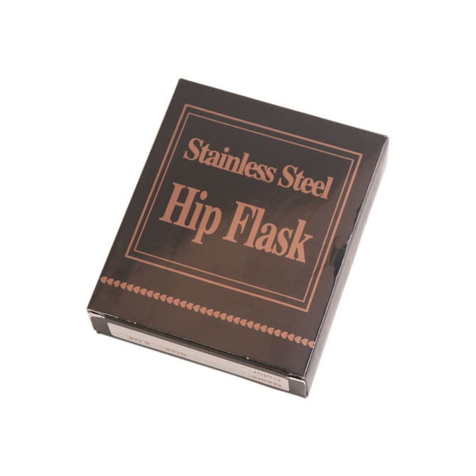 A stainless steel hip flask in a black box, featuring a logo on the packaging.