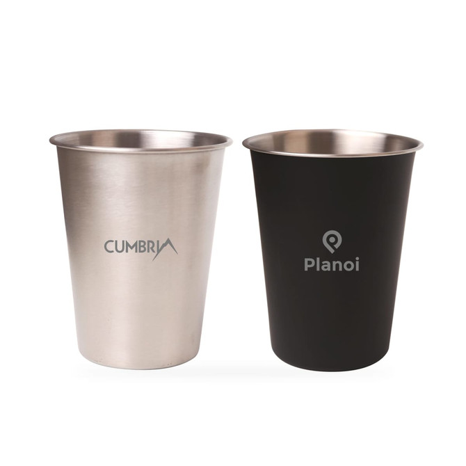 A stainless steel cup with a natural finish and a black cup, both featuring branding. Capacity of 350ml.