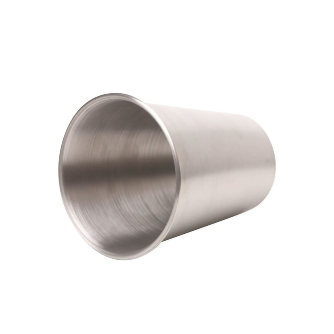 A stainless steel cup with a sleek, polished finish, featuring a simple design and a circular base.