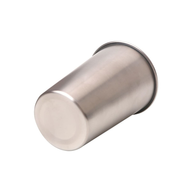 A stainless steel cup with a shiny finish, featuring a circular base and no visible branding.