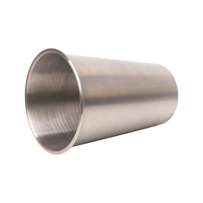 A stainless steel cup with a sleek, shiny finish, featuring a simple design and an interior with a brushed texture.