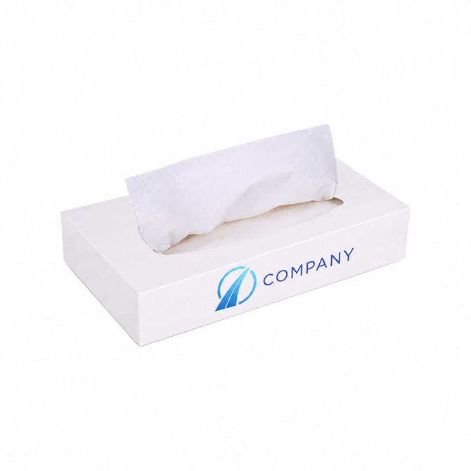 A white tissue box featuring a logo and a rectangular opening for easy access to tissues.