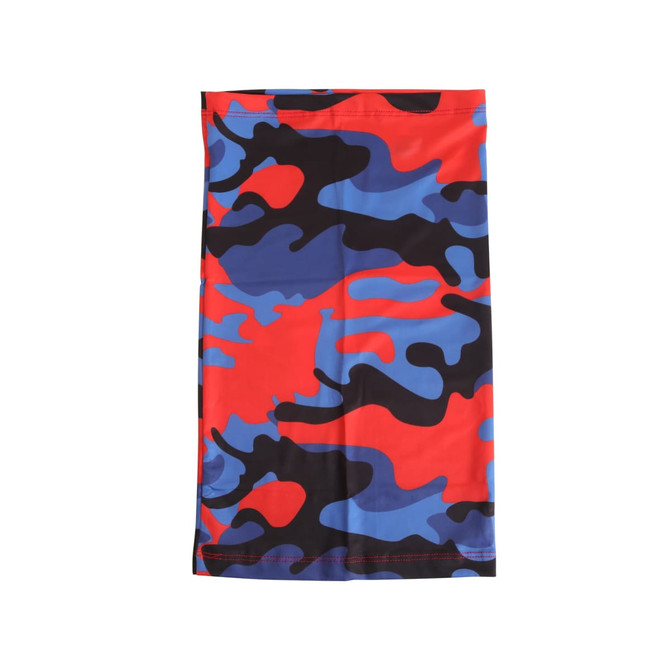 A polyester neck gaiter with a vibrant red, blue, and black camouflage pattern, featuring a logo.