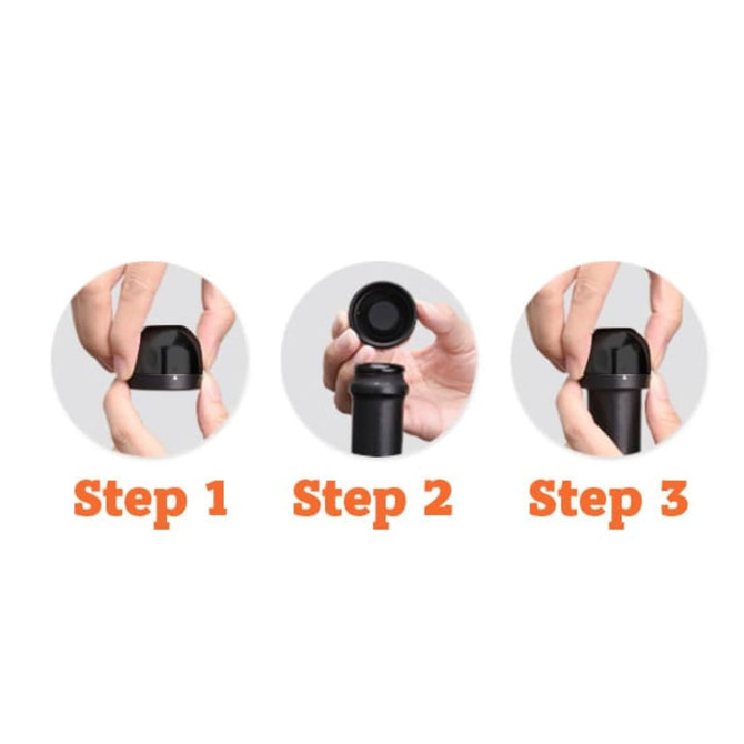 A drink bottle stopper in black, featuring three sequential steps demonstrating its use, with a logo at the top.
