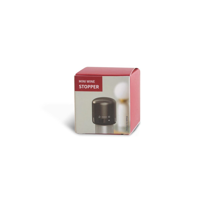 A drink bottle stopper in black, packaged in a red box with a logo, designed for wine preservation.